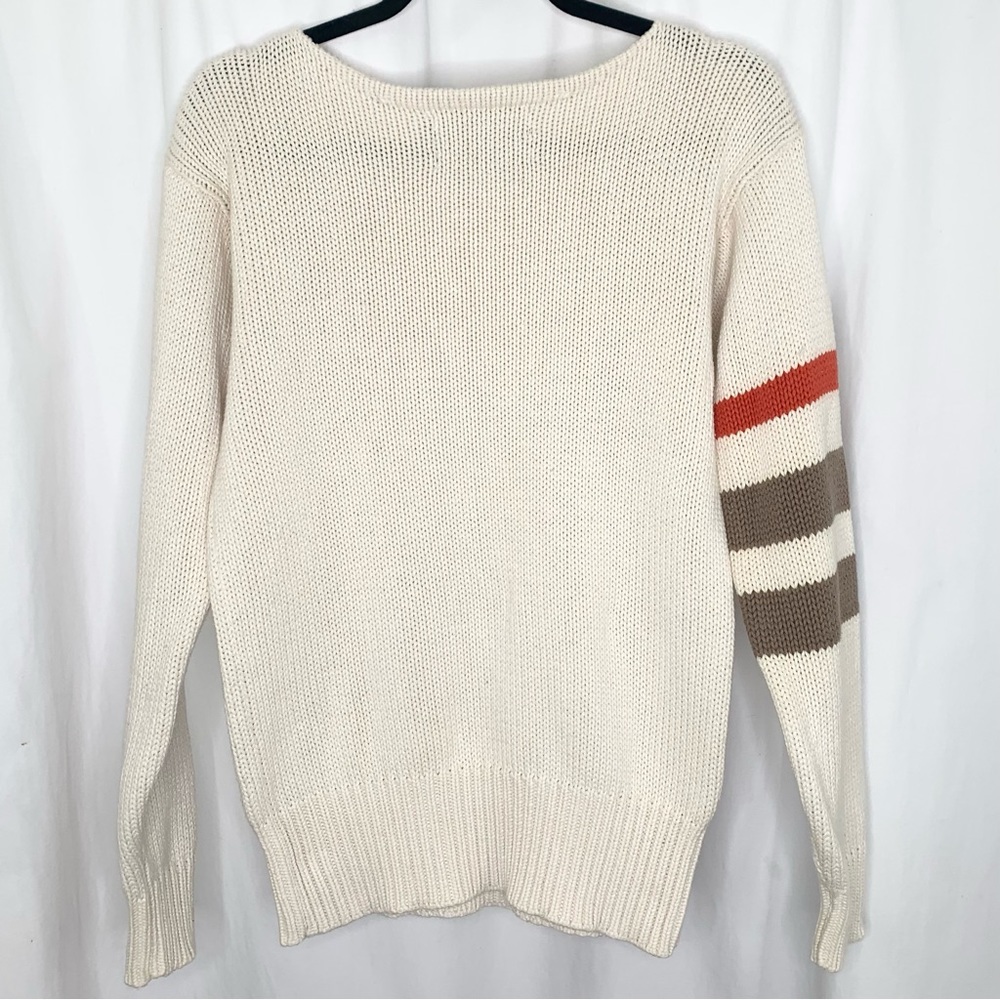 Ralph Lauren Womens Cream Sweater with Striped Sleeve Size Medium